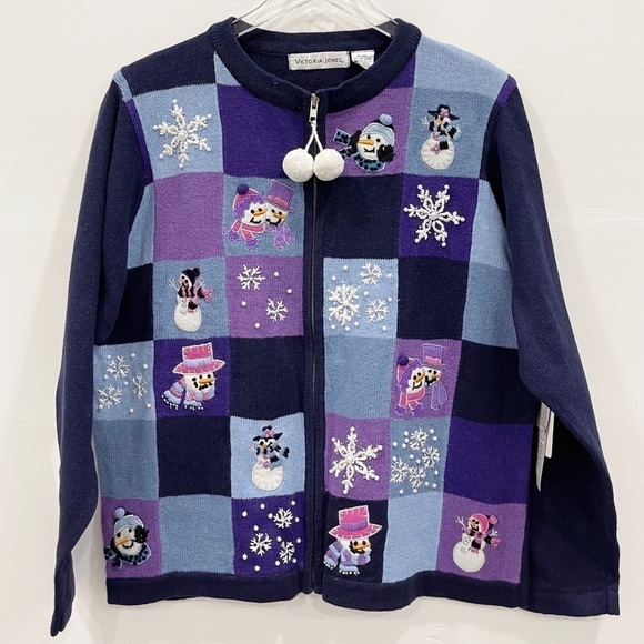 Victoria Jones Patchwork Full Zip Holiday Ugly Christmas Sweater XL Sequin Blue - Picture 1 of 7